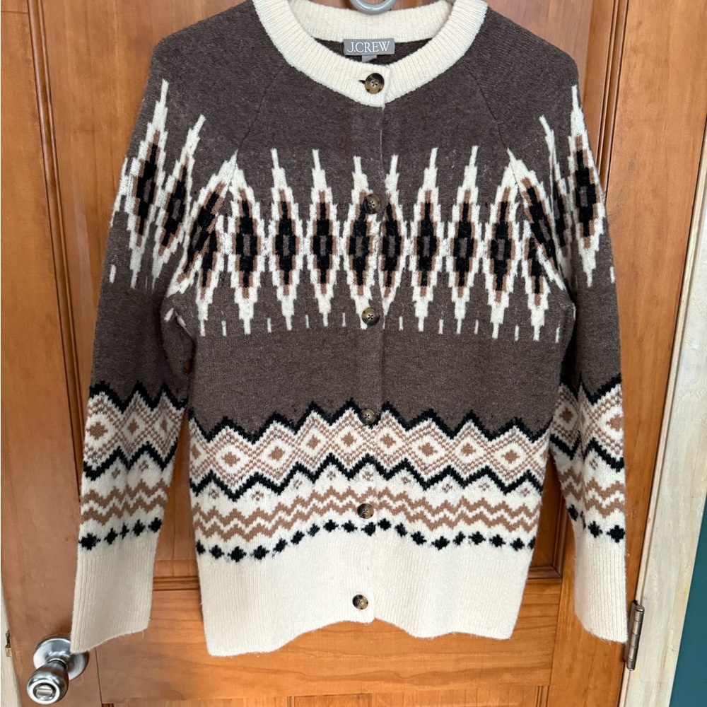 J. Crew Cream and Brown Button-Up Sweater